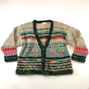 Handknit cream aqua coral mix knit womens cardigan Large